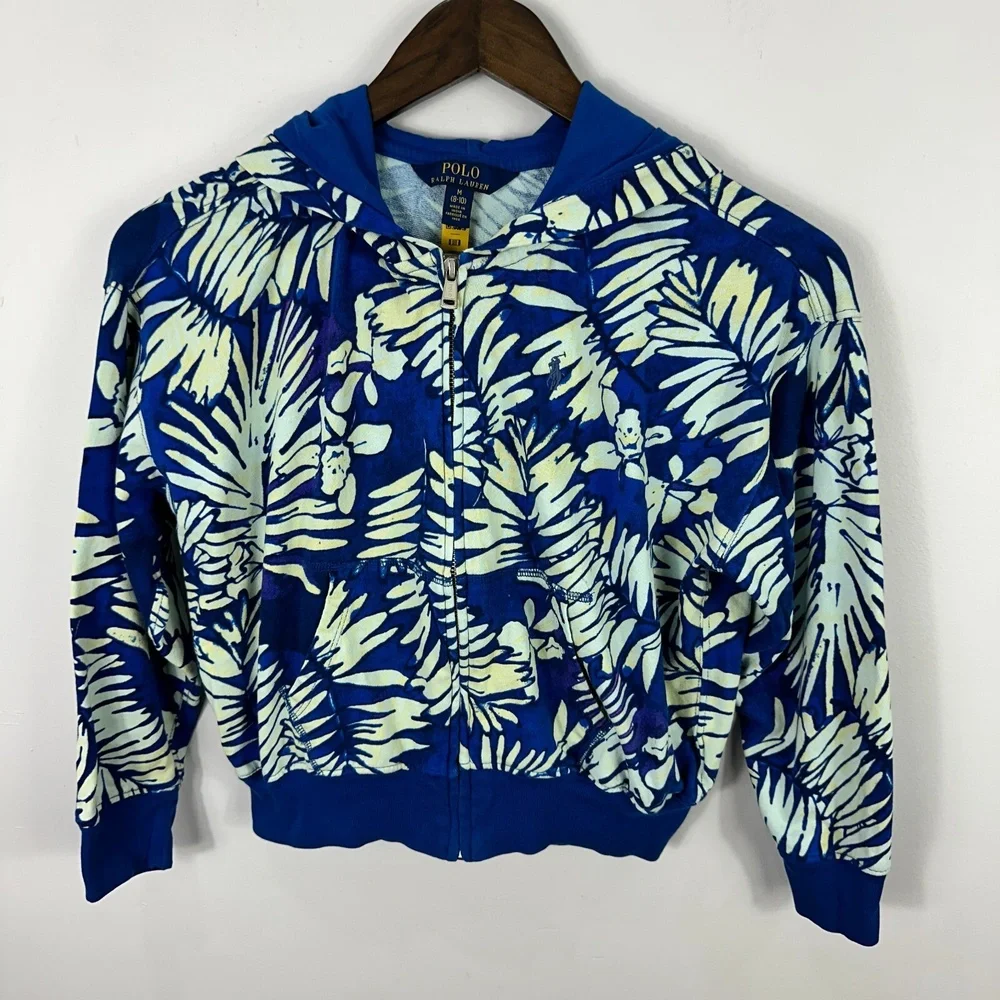 Polo Ralph Lauren Hoodie‎ M Blue Tropical Floral Zip Up Y2K Preppy Surf Resort
